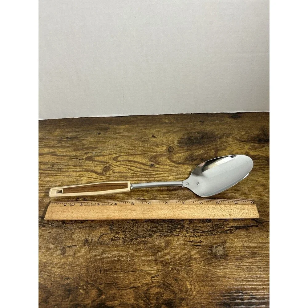 Vintage Stainless Serving Spoon Faux Wood Handle Mid Century 12” Kitchen Japan